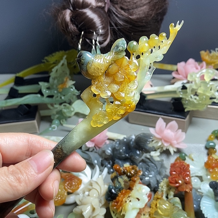 猫***伴岫玉未镶嵌发簪发簪