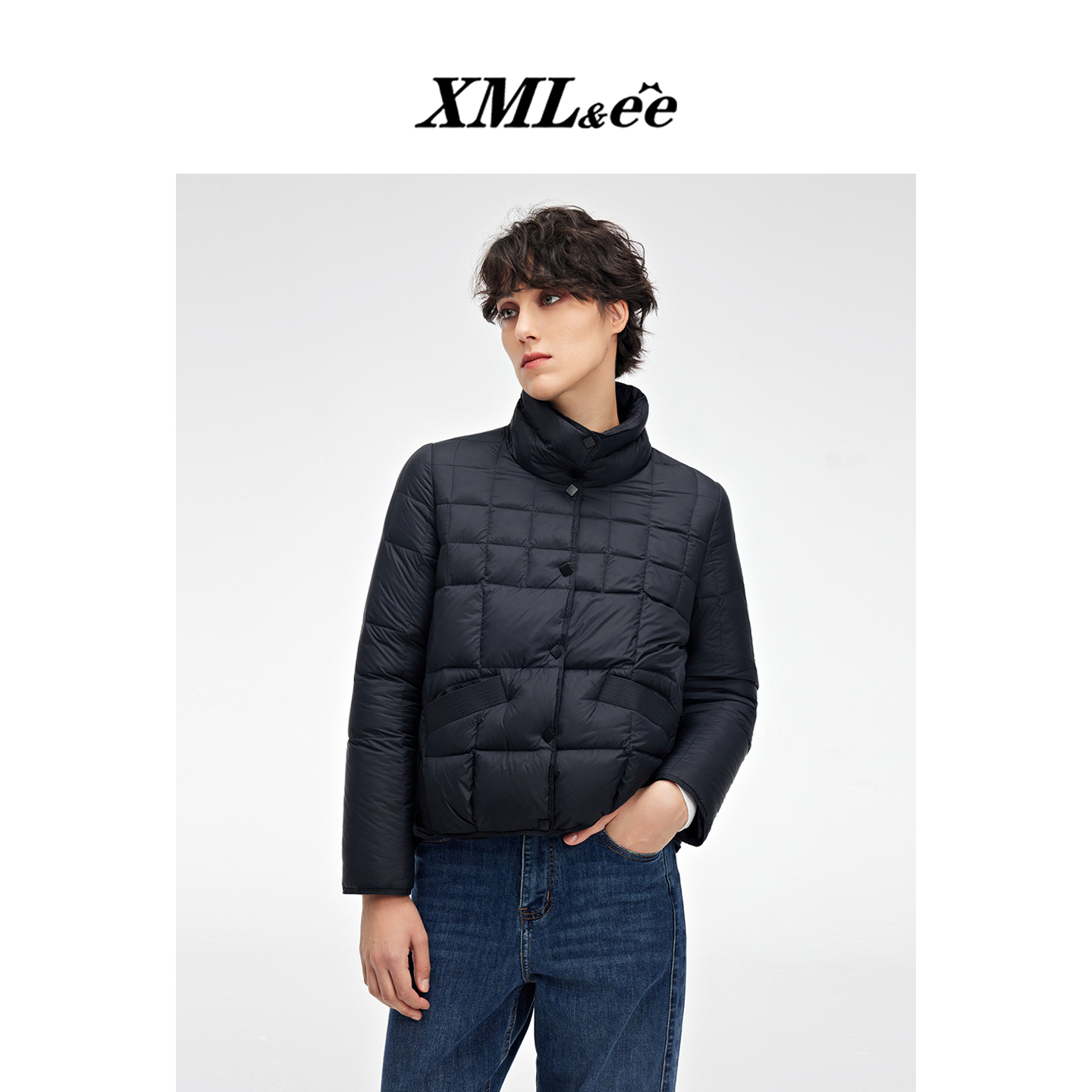 XMLee艾米尔 秋冬黑色立领鹅绒保暖羽绒服 X345Y3721