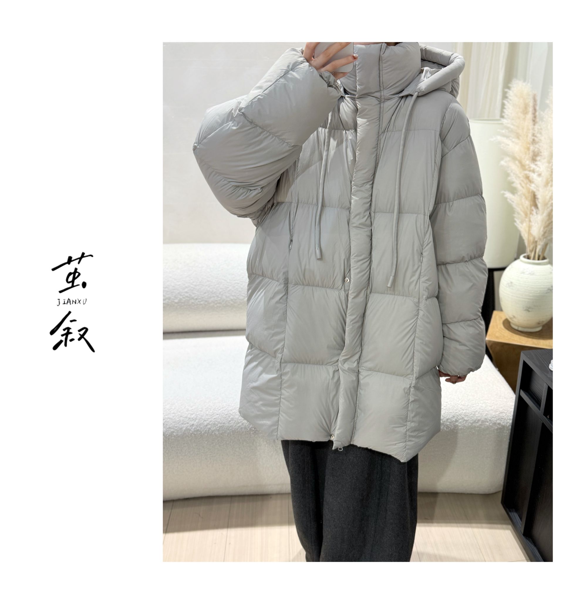 JIAN.XU冬季设计款保暖连帽系带大版宽松羽绒服 衣长85胸围130