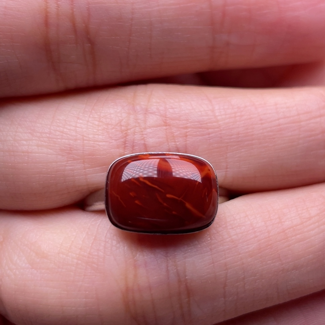 南红玛瑙银S925镶嵌珠宝奇石戒指