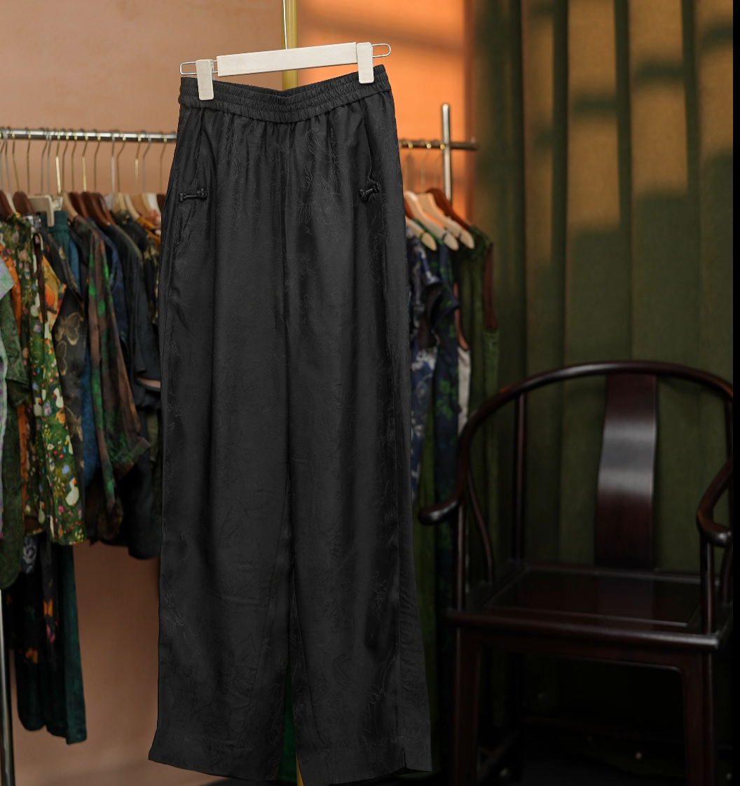 {双扣}提花九分裤新中式夏季休闲裤休闲直筒黑色唐装宽松中国风