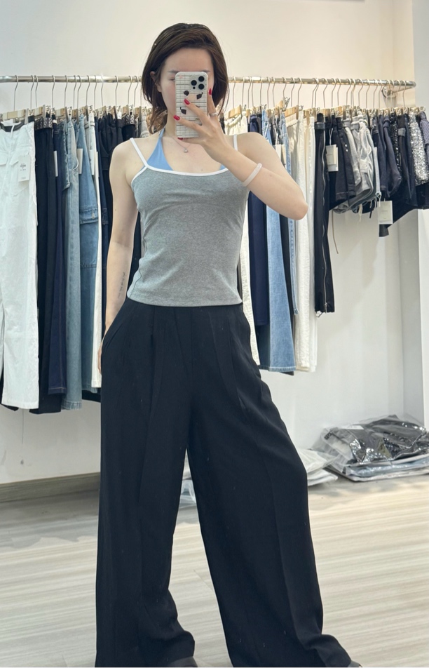 春夏新款撞色拼边修身假两件挂脖吊带背心小众设计感上衣