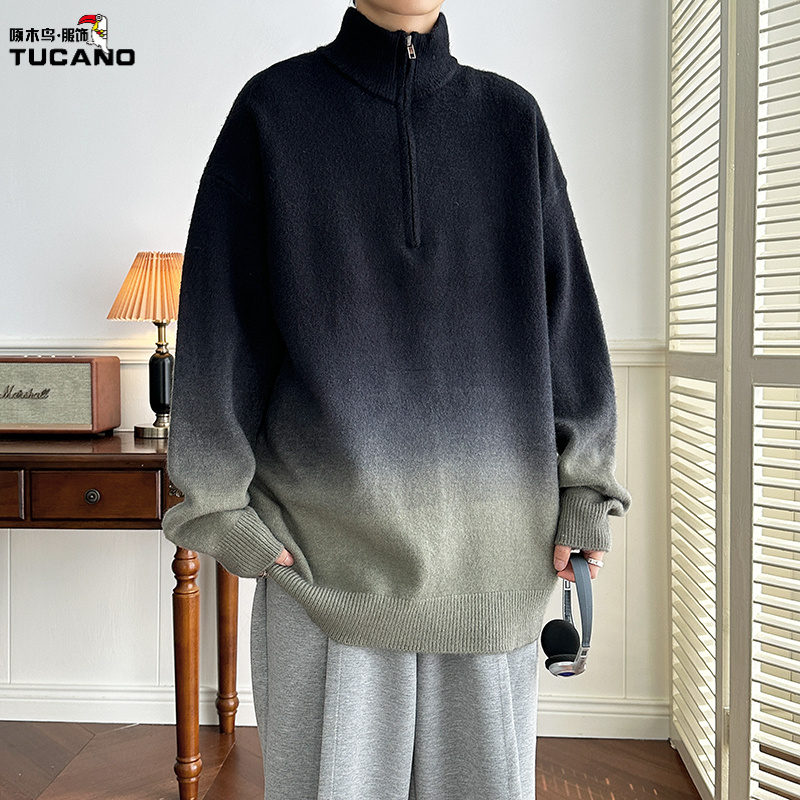 啄木鸟2025秋冬款男士半高领半拉链毛衣男时尚帅气潮流渐变色针织