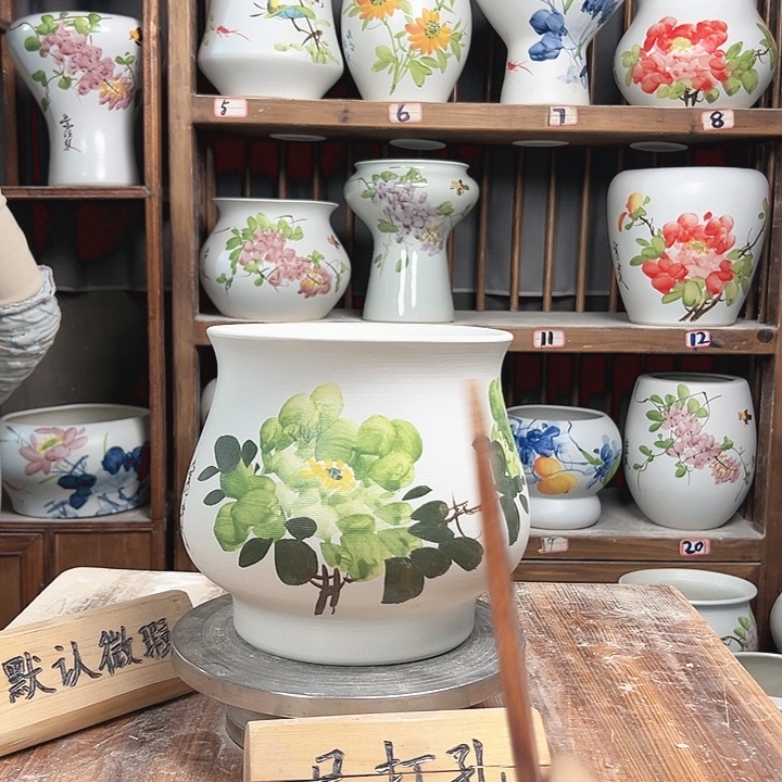 摆件高20口20绿绿绿牡丹新款陶瓷