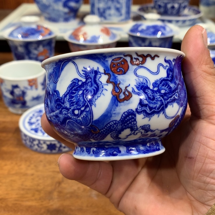 自成堂柴窑青花双龙杯