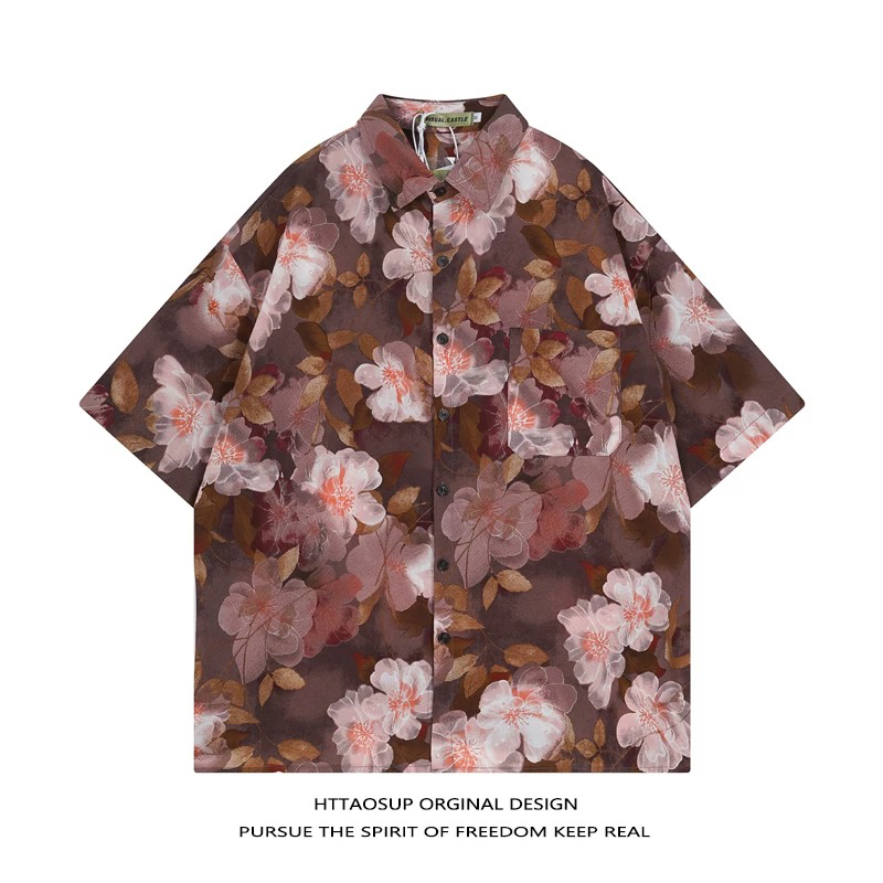 印花宽松短袖落肩袖花衬衫情侣冰丝上衣小众复古休闲港风轻薄透气