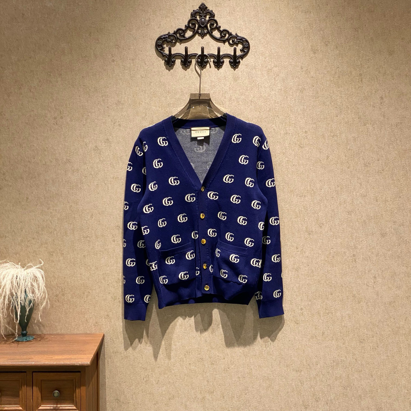 99新 GUCCI/古驰 蓝色满印双G羊毛针织开衫/xs码/JM37684