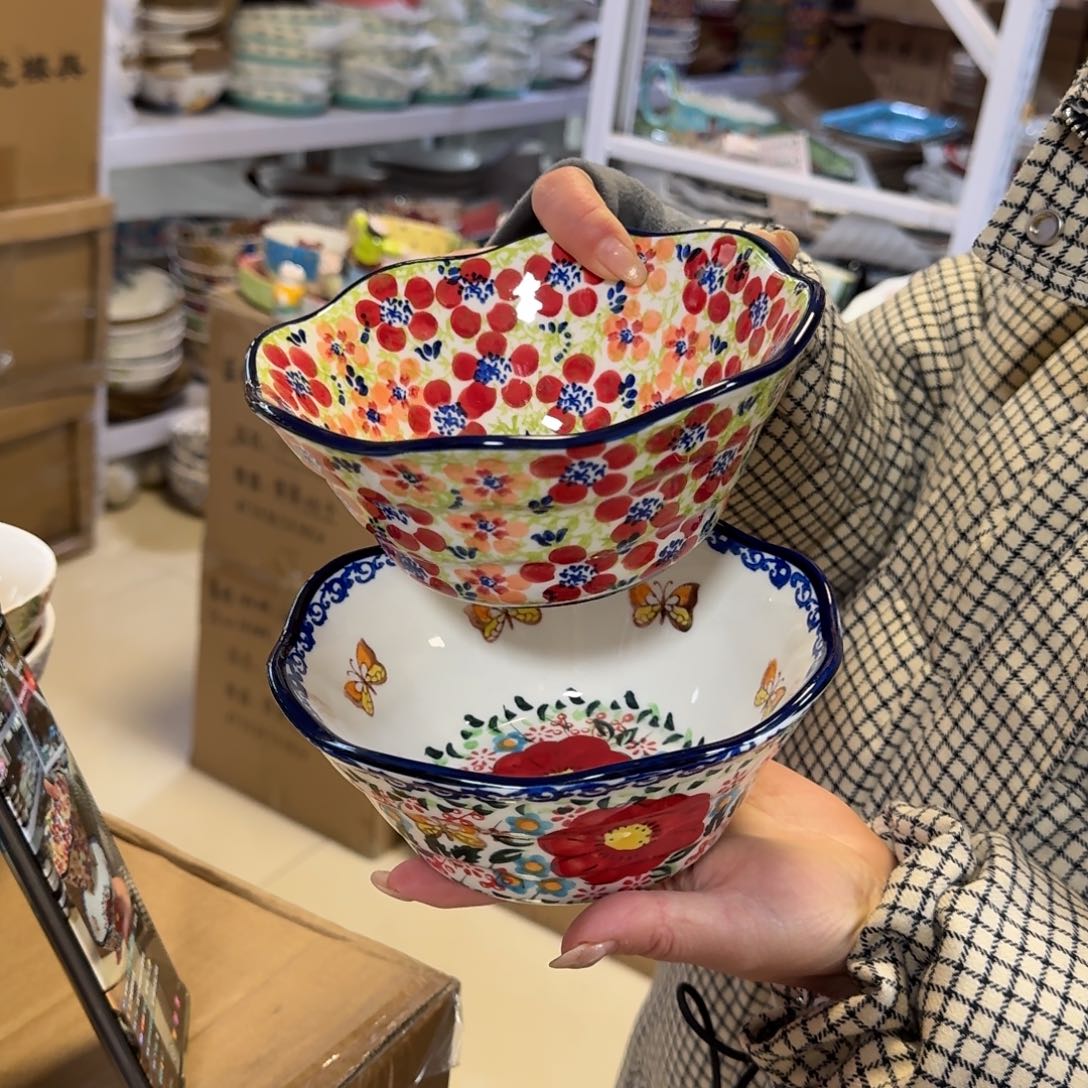 瓷片6.5英寸斗笠面碗2只，粉黛➕夏花