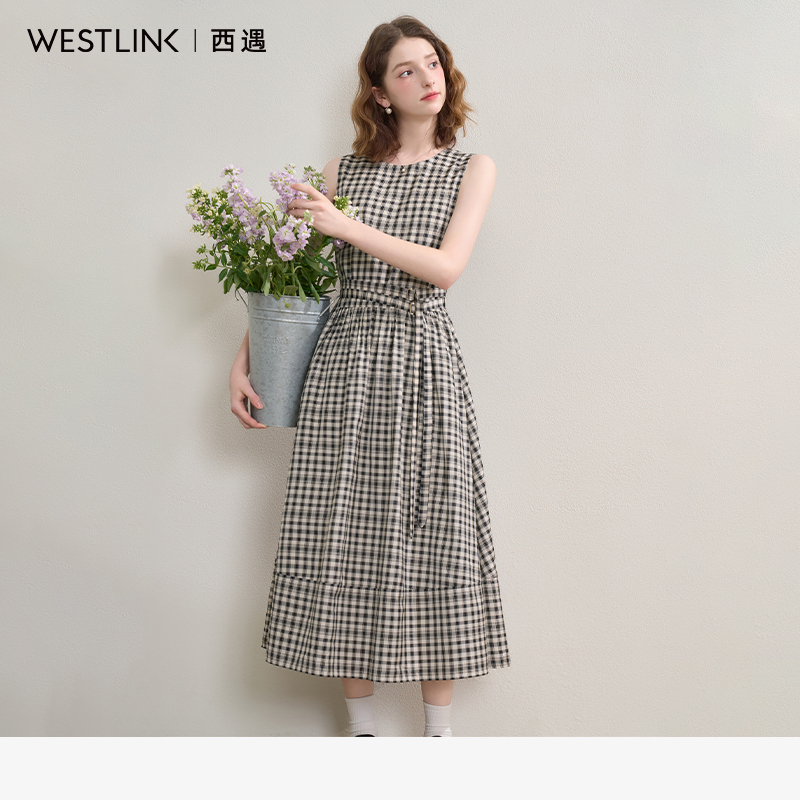 0849西遇格纹无袖圆领背心裙女2025夏季收腰大裙摆显瘦气质连衣裙