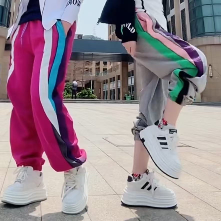 9399撞色拼接显瘦宽松束脚休闲裤