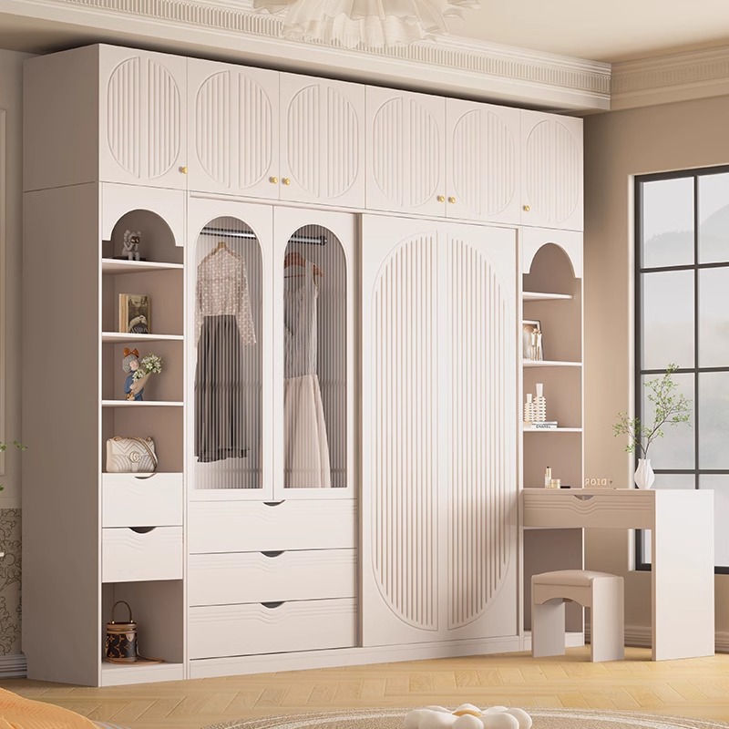 法式奶油风衣柜转角书桌一体家用卧室成品储物柜白色推拉门大衣橱