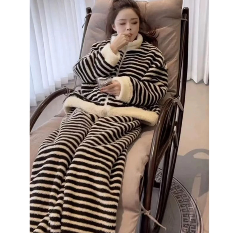 两件套装软糯保暖拉链立领睡衣加厚加绒高克重韩系宽松居家服 466