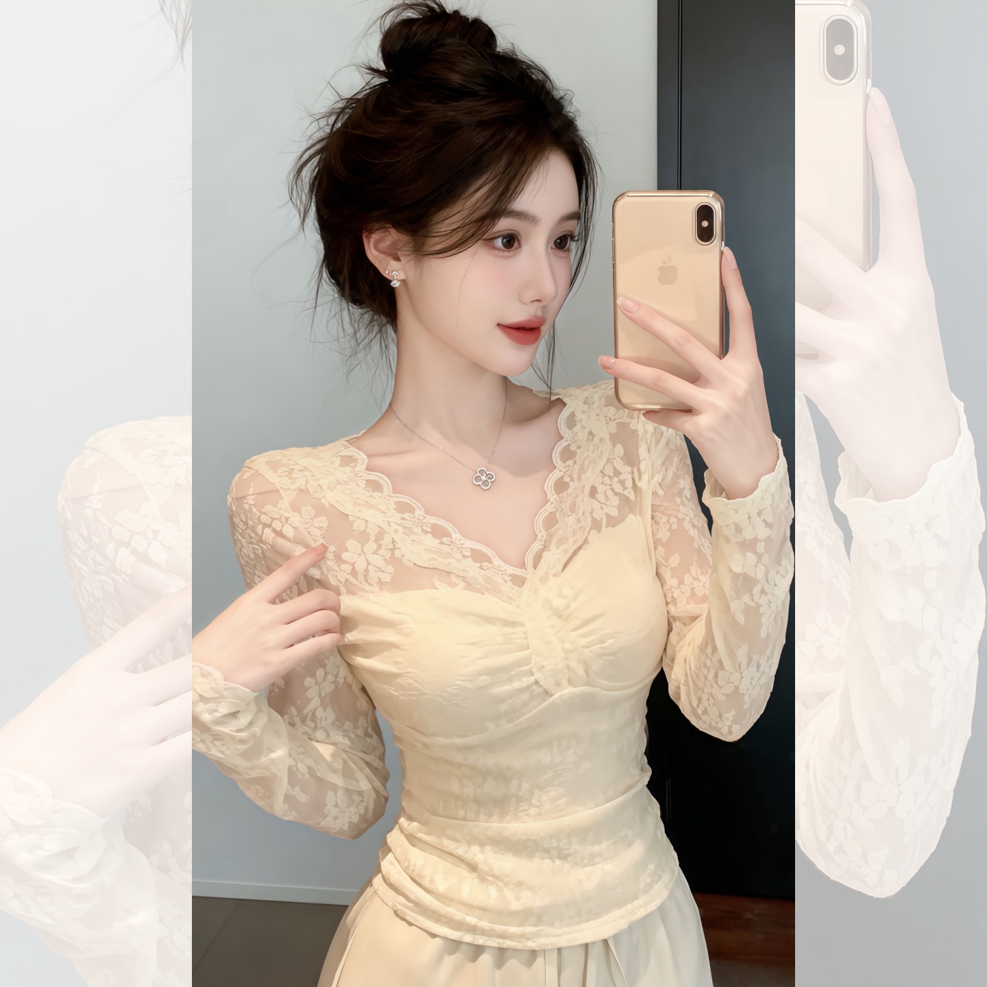 纯欲辣妹v领修身长袖上衣小香风显瘦内搭加绒蕾丝打底衫女秋冬季