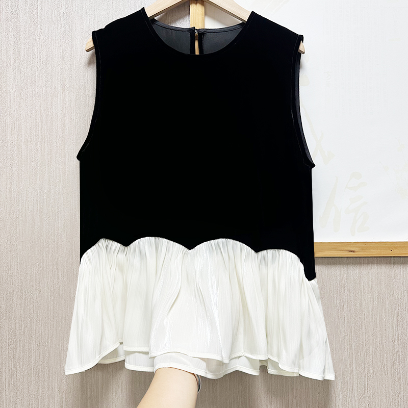 法式荷叶边~100桑蚕丝丝绒背心女圆领无袖宽松拼接真丝上衣