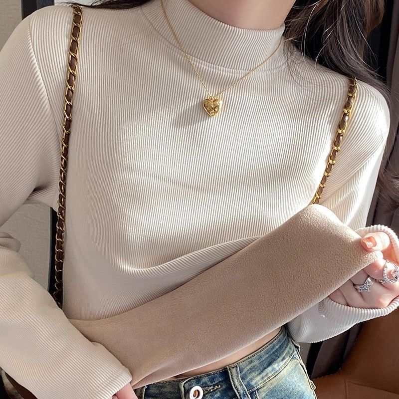 (加绒加厚)打底衫2025新款半高领纯色女装冬季简长袖高弹上衣中领