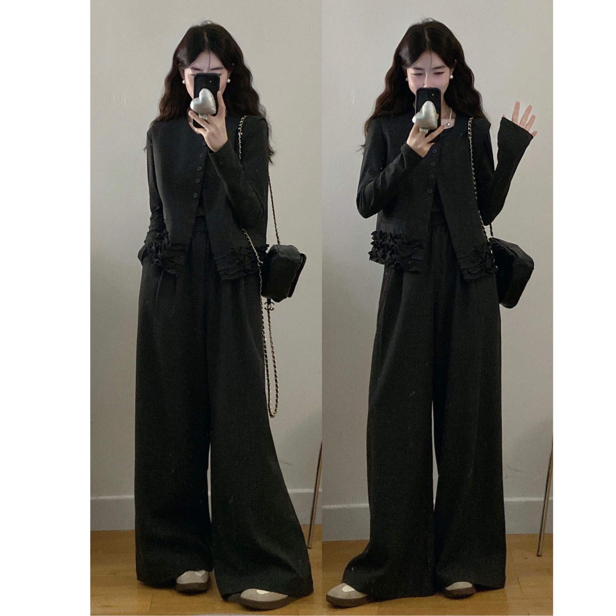 大码女装新款时尚显瘦毛呢马甲+T恤+阔腿裤三件套套装