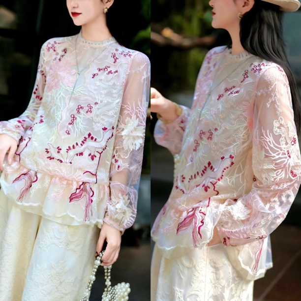 【锦绣花海】国风重工刺绣花镂空桑蚕丝显瘦衬衫春夏纯欲小衫