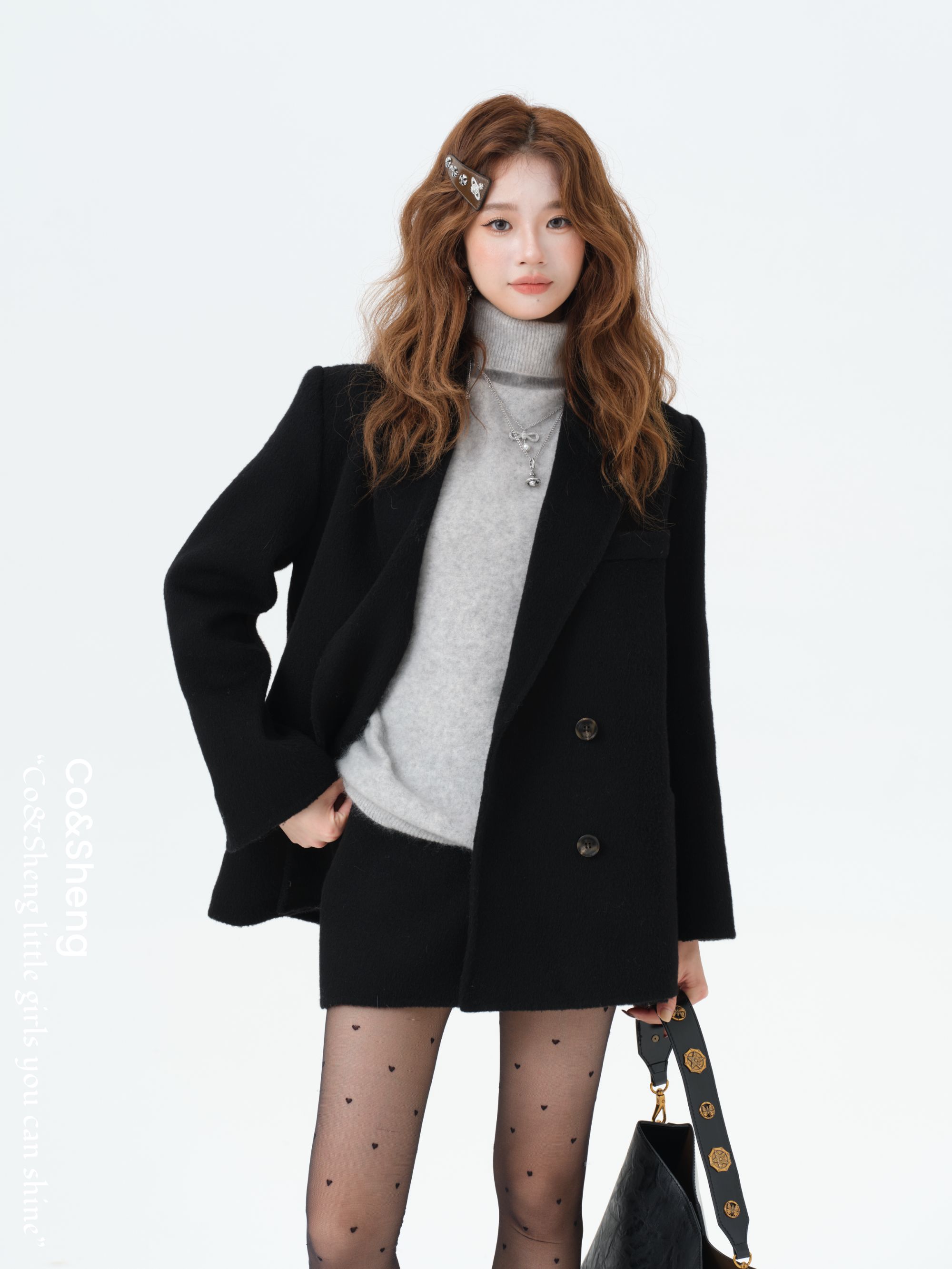 巴黎夜幕/Co&Sheng重生小个子女款毛呢西装排扣宽松气质羊毛上衣