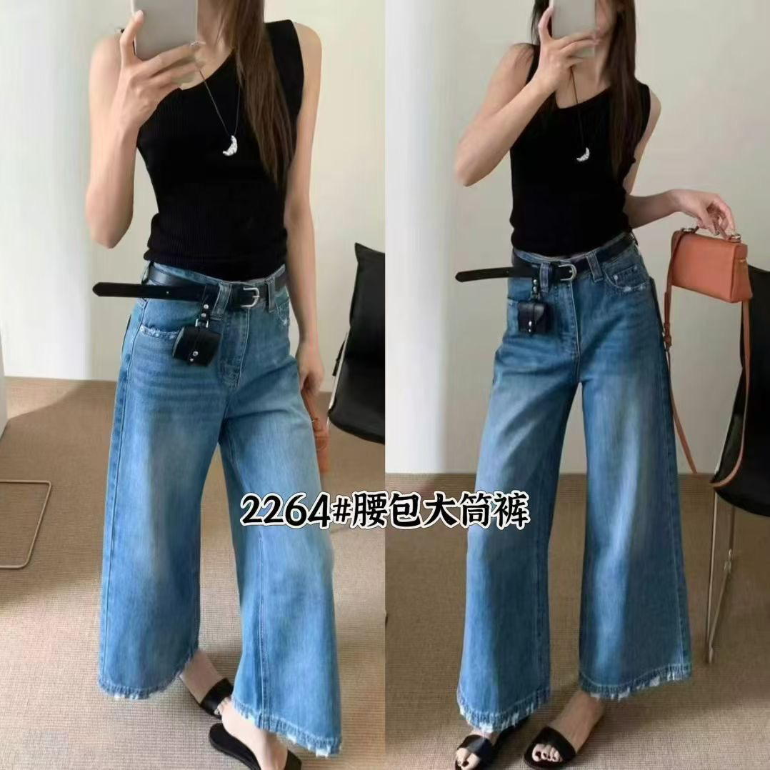 高腰显瘦九分阔腿牛仔裤女夏季宽松直筒休闲深蓝色奶奶裤