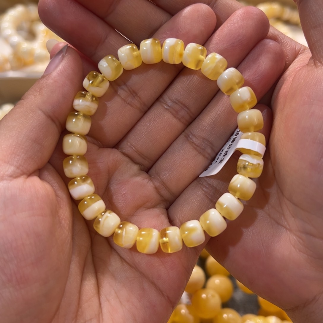 琥珀裸石未镶嵌8mm金瓷白聚宝盆手串