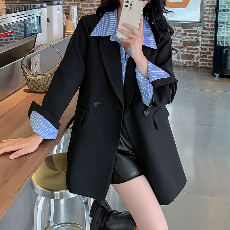 秋季网红大码休闲西装外套女宽松时尚胖mm拼接假两件炸街西服上衣