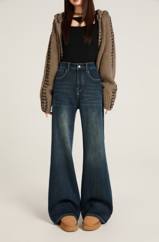 【高腰加绒】女式加绒加厚休闲喇叭裤裤子阔腿牛仔裤长裤-751