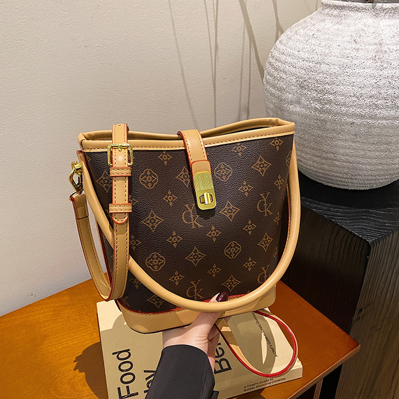 跨境包包女简约高级感老花水桶包2025新款百搭时尚单肩斜挎包女包