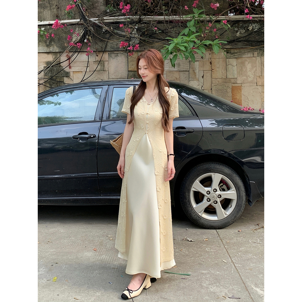 3209#大码女装美貌滤镜 优雅气质吊带连衣裙女钩花镂空鲁穿罩衫