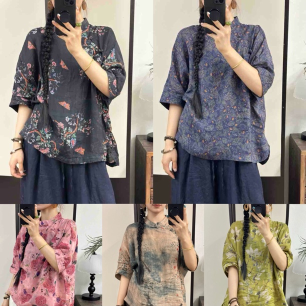 2025新款高品质舒适苎麻中式盘扣印花夏季女士中袖衬衫女