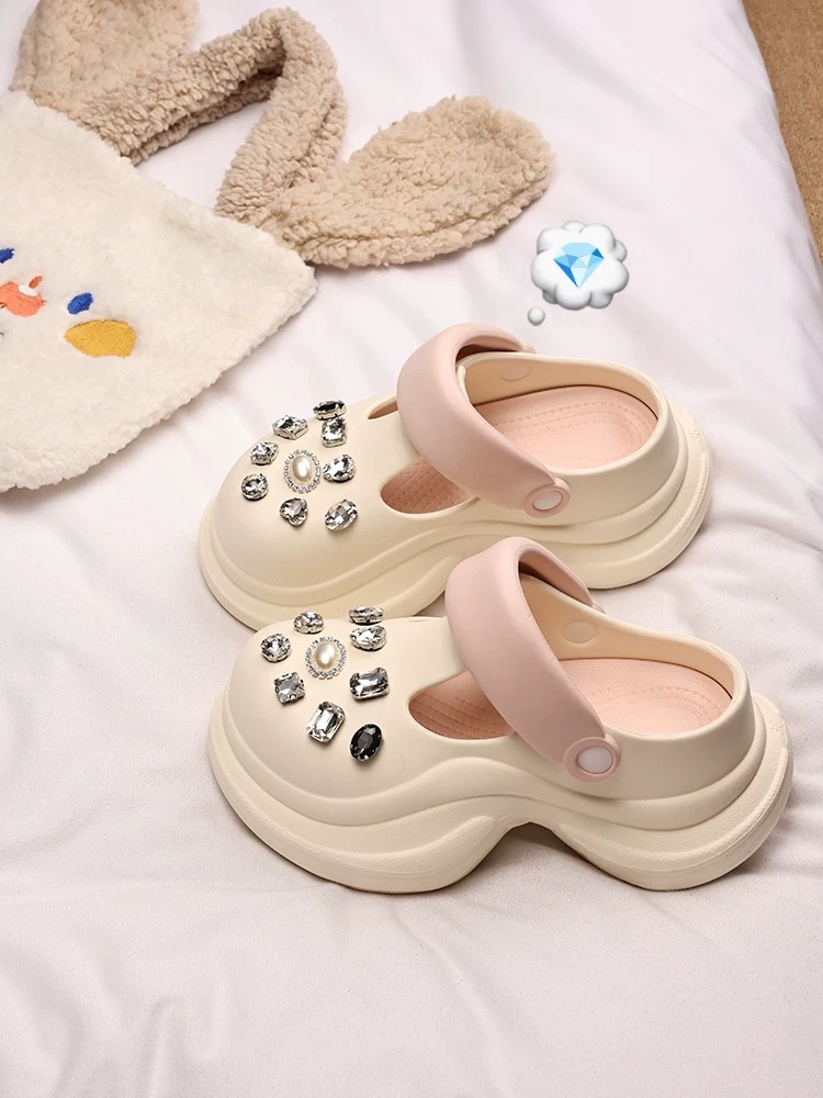 闪闪珍珠~增高跟厚底洞洞鞋女夏季外穿防滑钻钻洞洞鞋