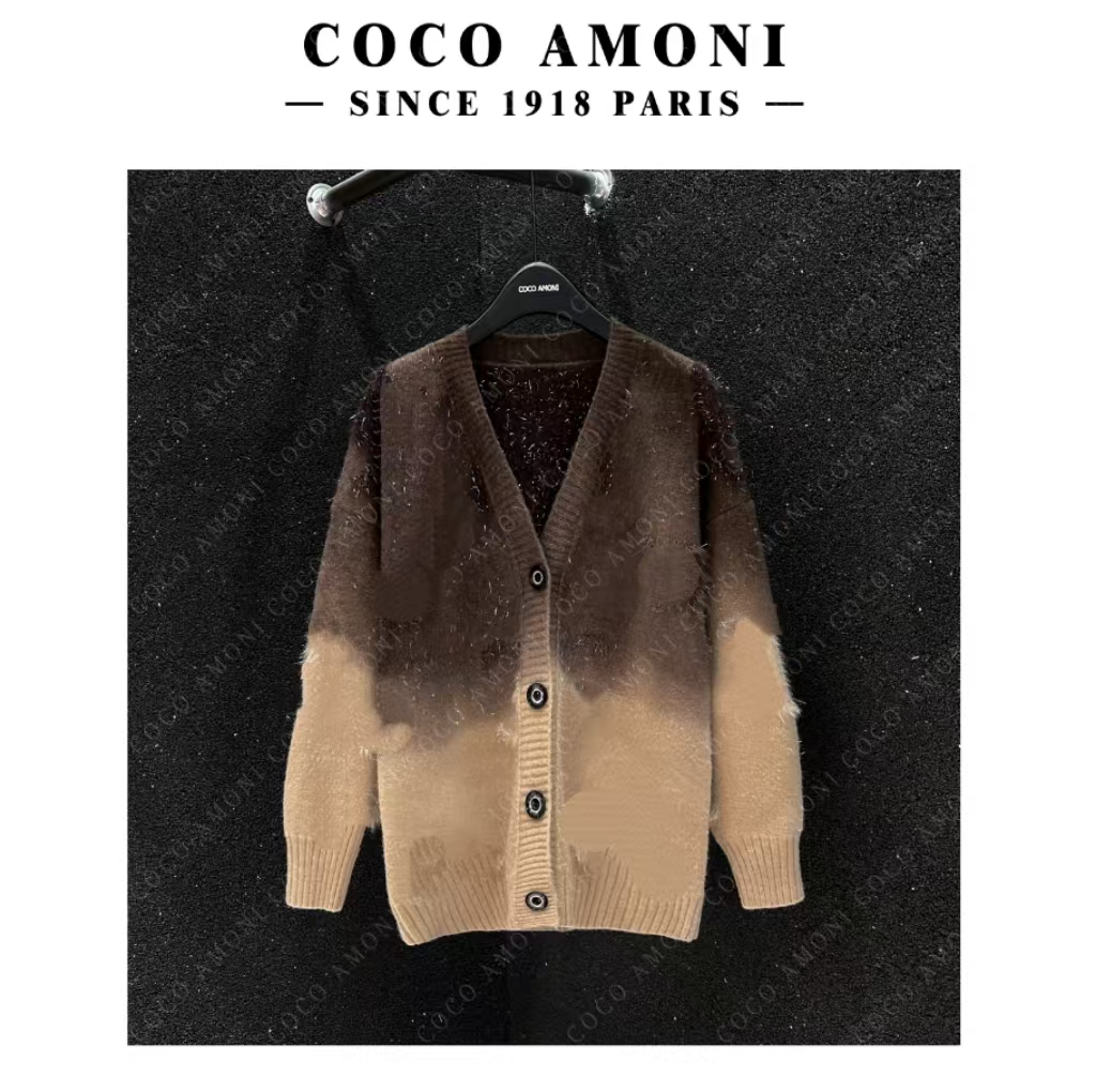 复古渐变色开衫宽松中长款V领针织衫时尚洋气高级感长袖毛衣DS293