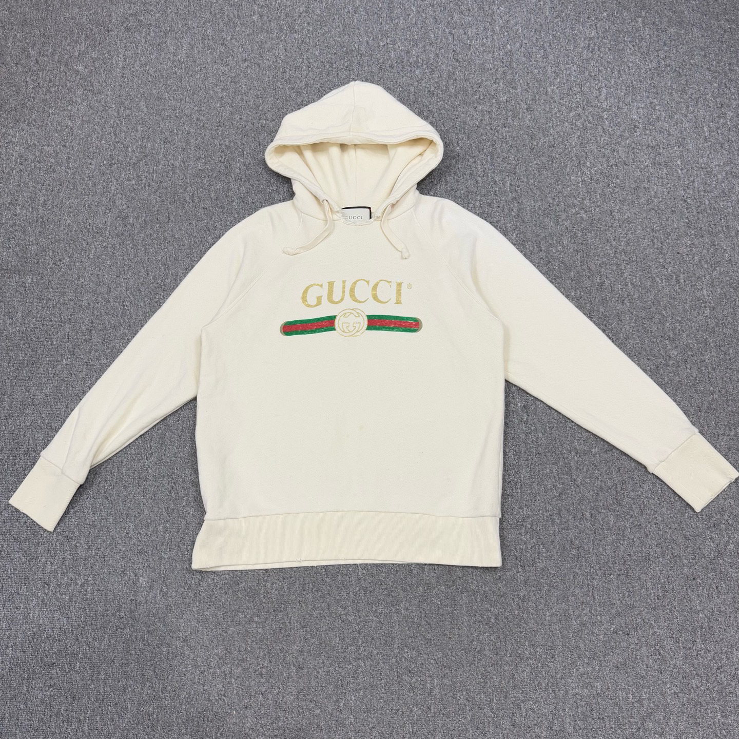 95新 GUCCI/古驰 18441439 米色logo字母刺绣连帽抽绳长袖卫衣M码