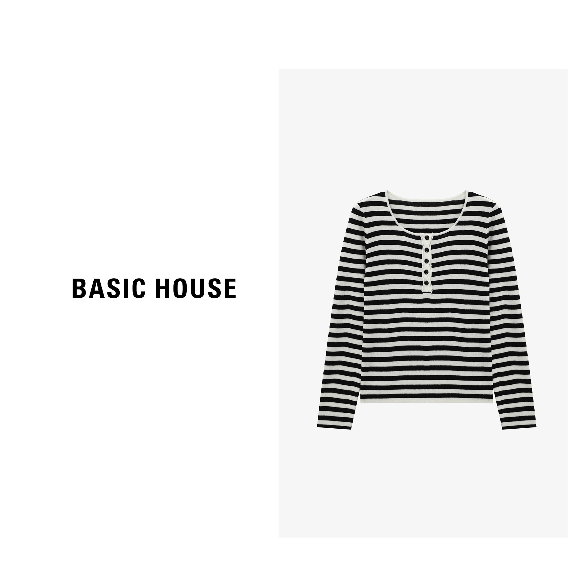 Basic House/百家好纯欲慵懒风女装条纹修身针织衫-B0625B5BUW2
