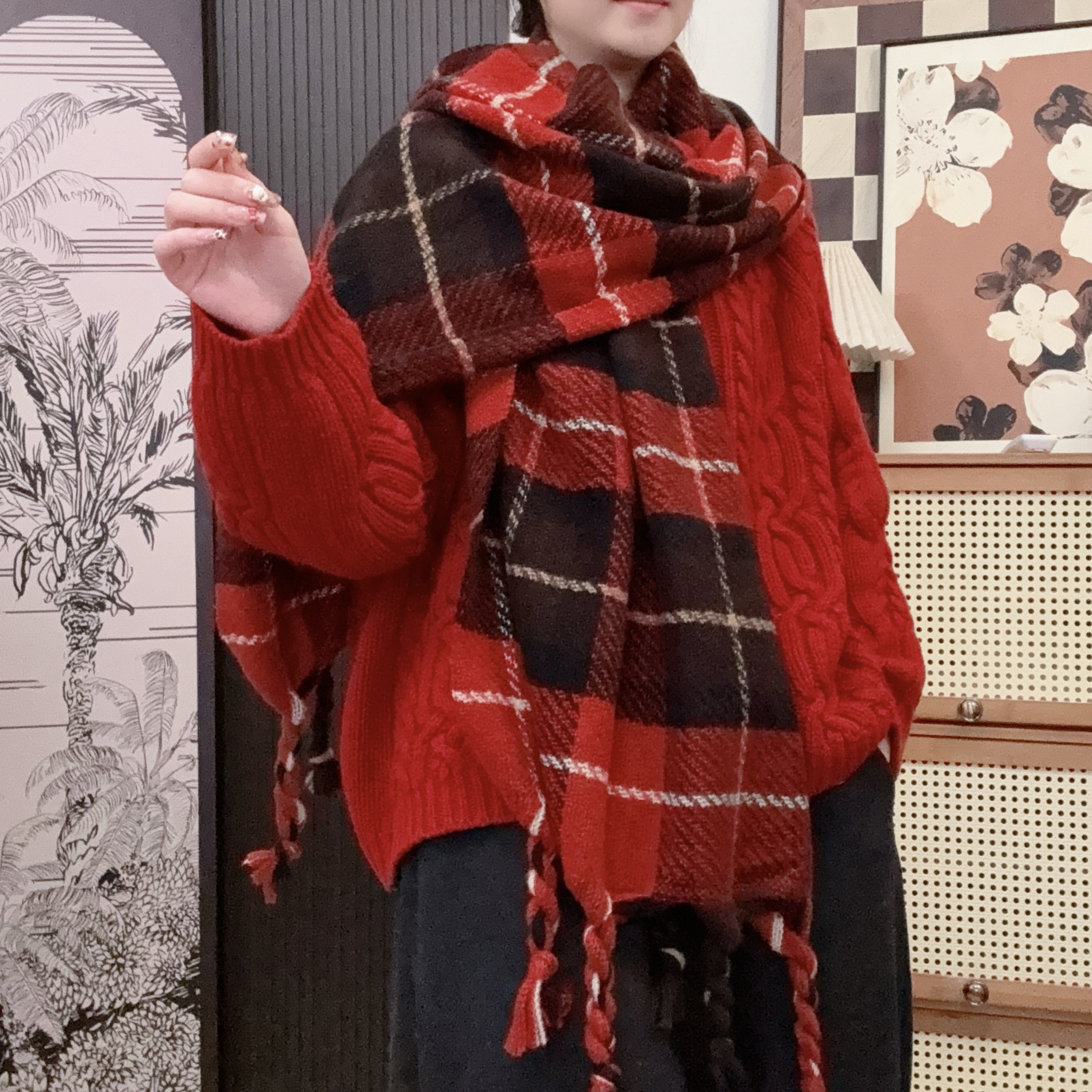 IXIAN女装-休闲风格女简约风围巾复古百搭格子长不规则围巾