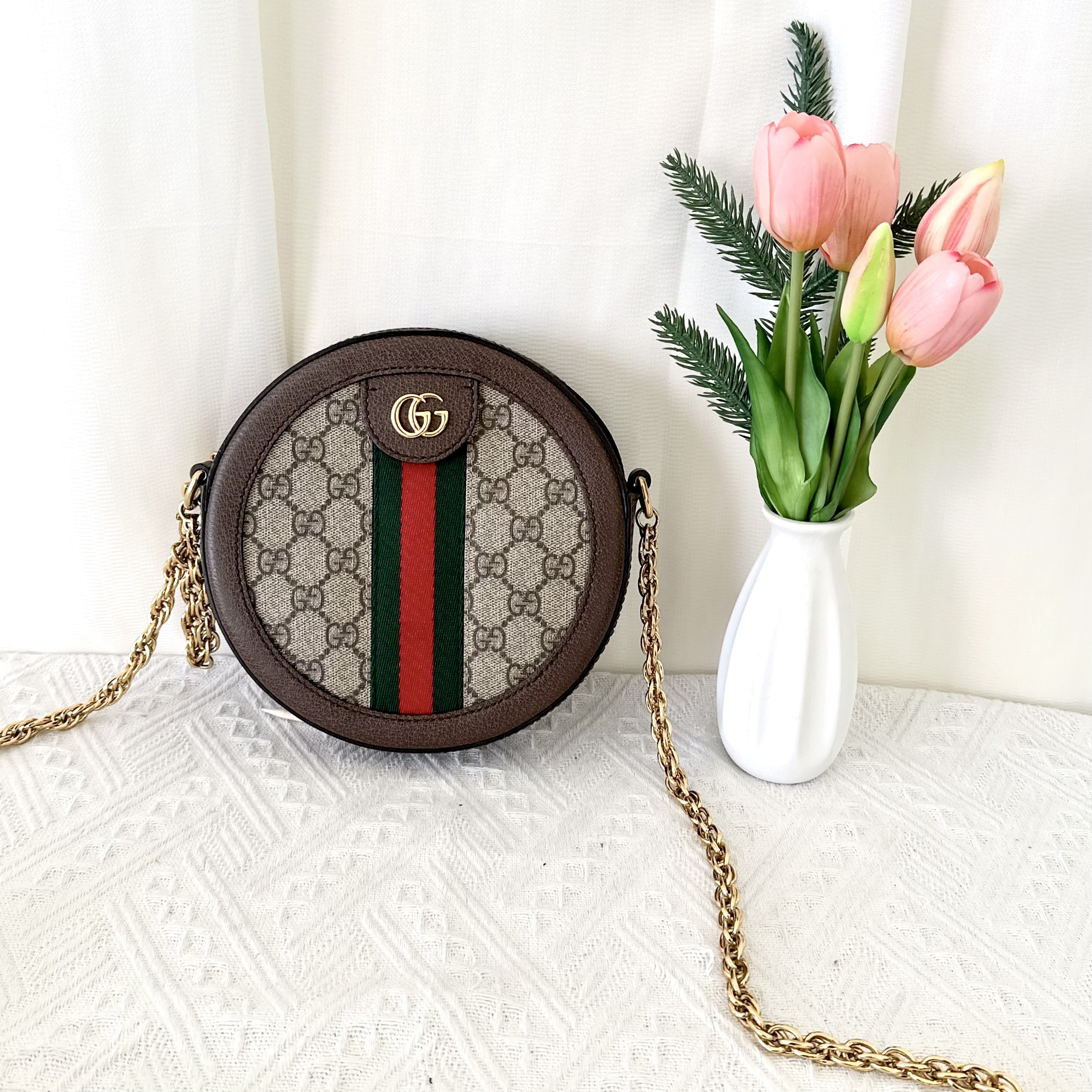 99新 GUCCI/古驰 圆饼单肩斜挎链条包 尺寸：18*18*4.5cm