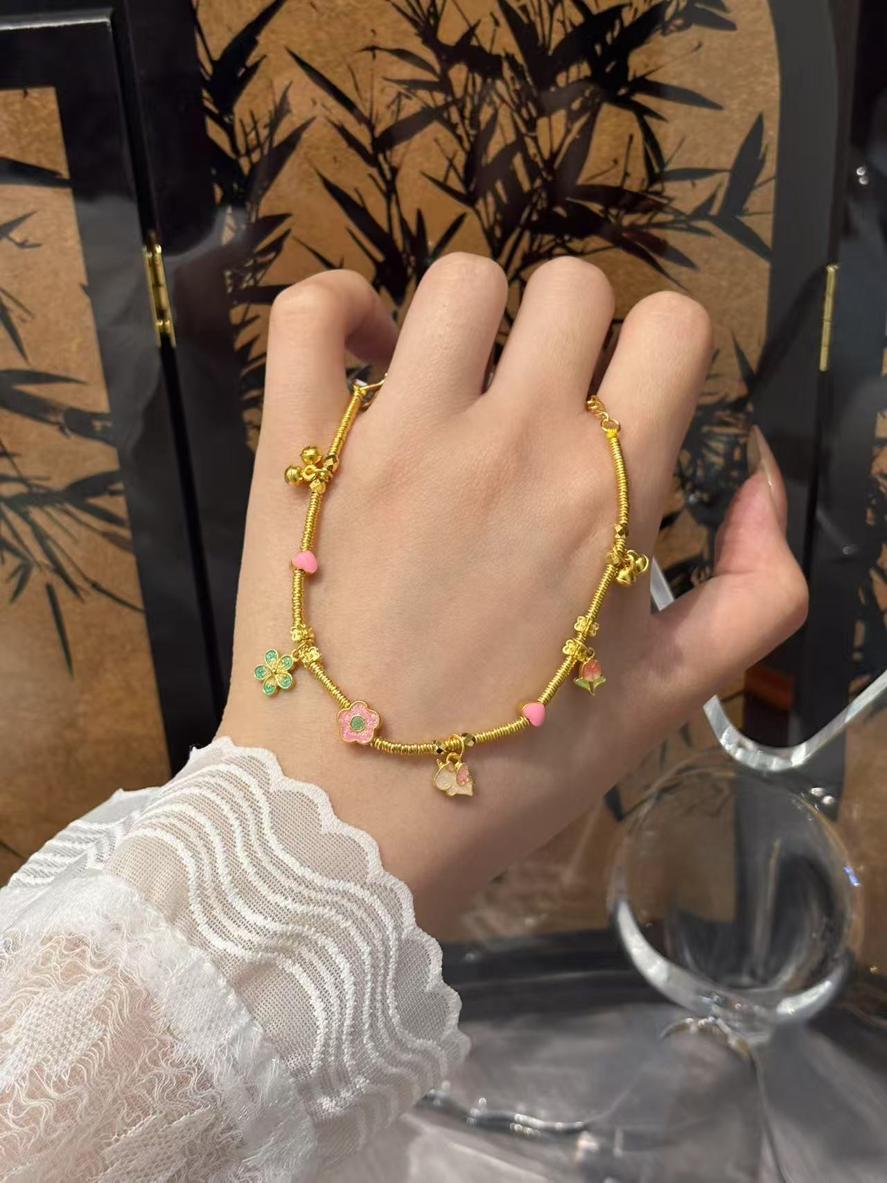 【小鹏黄金】足金999珐琅桃花朵朵手链12.72