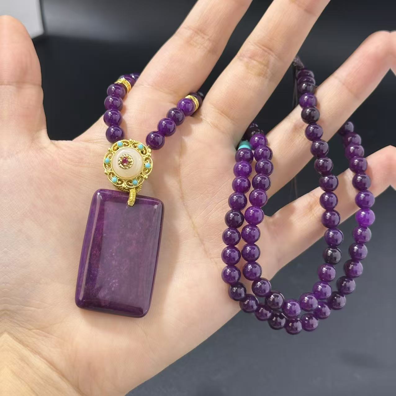 紫S醇全玉化平安无事牌珠珠链吊坠A01-70