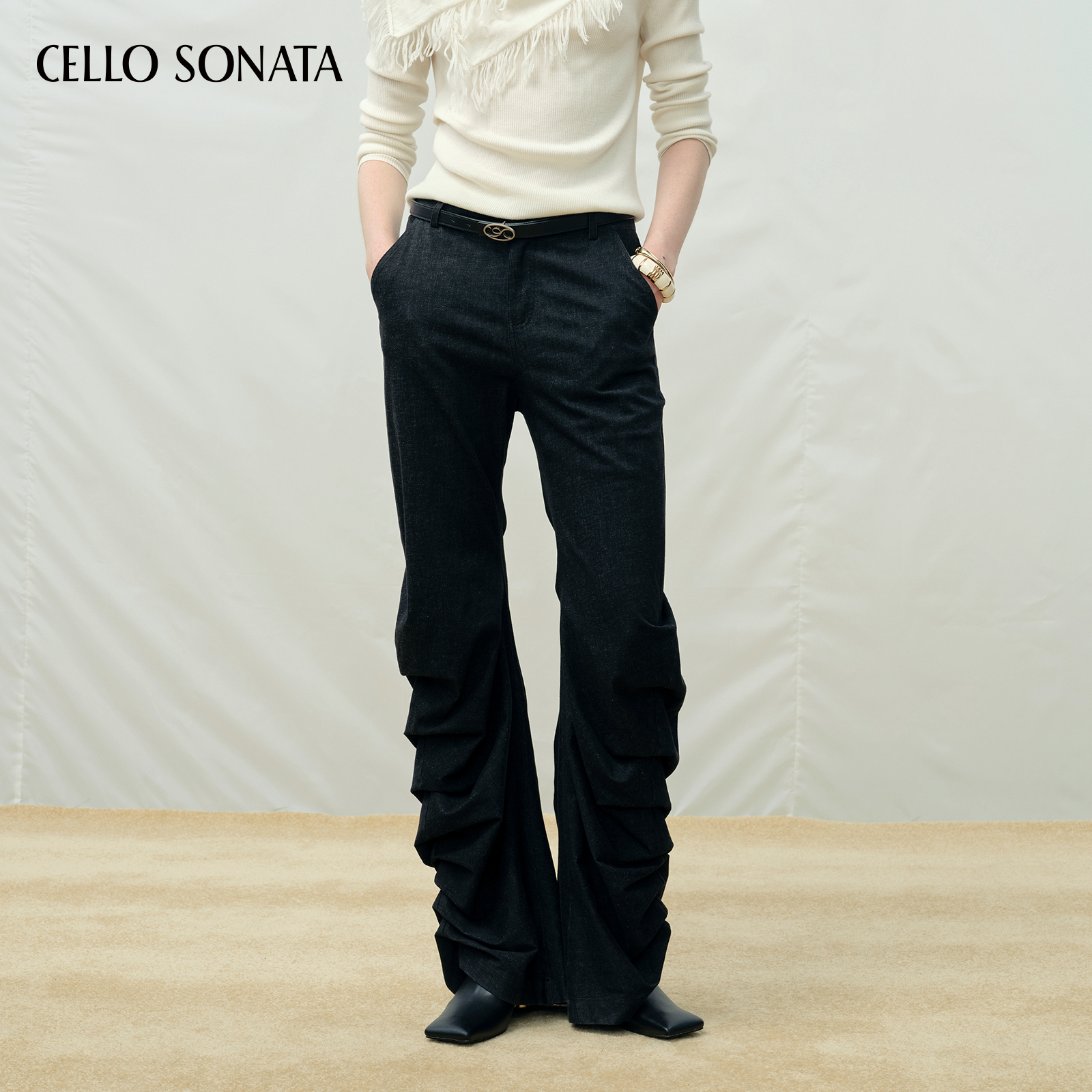 【新款】Cello Sonata 25秋 黑色直筒褶皱休闲长裤堆褶喇叭牛仔裤