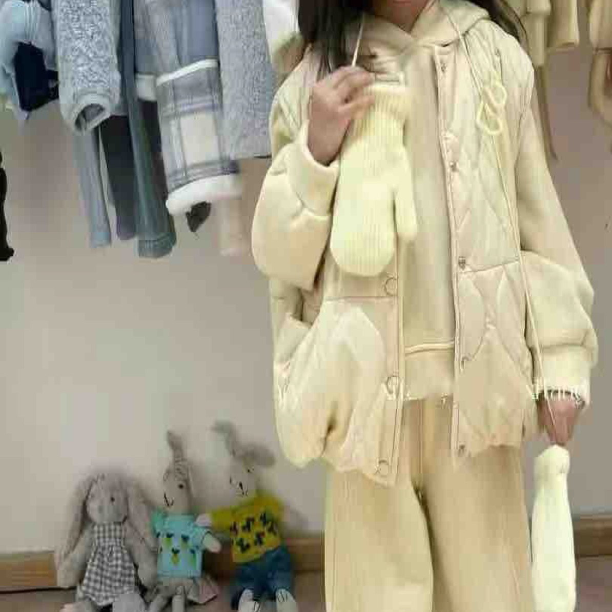 冬季极简风法式女童时尚连帽加绒套头套装