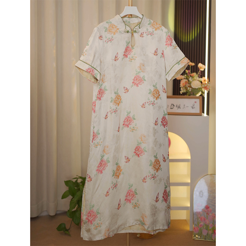 勺花粉蝶-香云纱斜襟盘扣老料长款连衣长裙