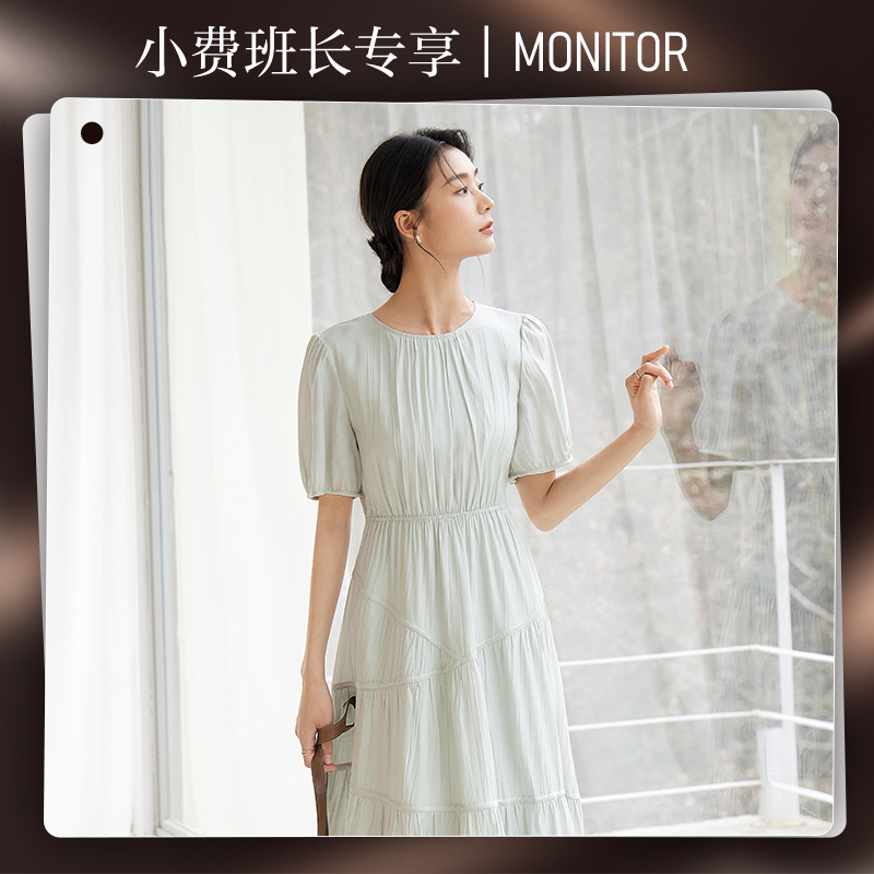 【小费班长专享】D01对白法式优雅圆领连衣裙女泡泡袖长裙EDQ088