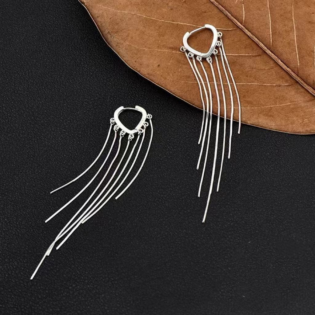 足银耳饰 足银999长款流苏耳环防过敏小众百搭时尚设计感