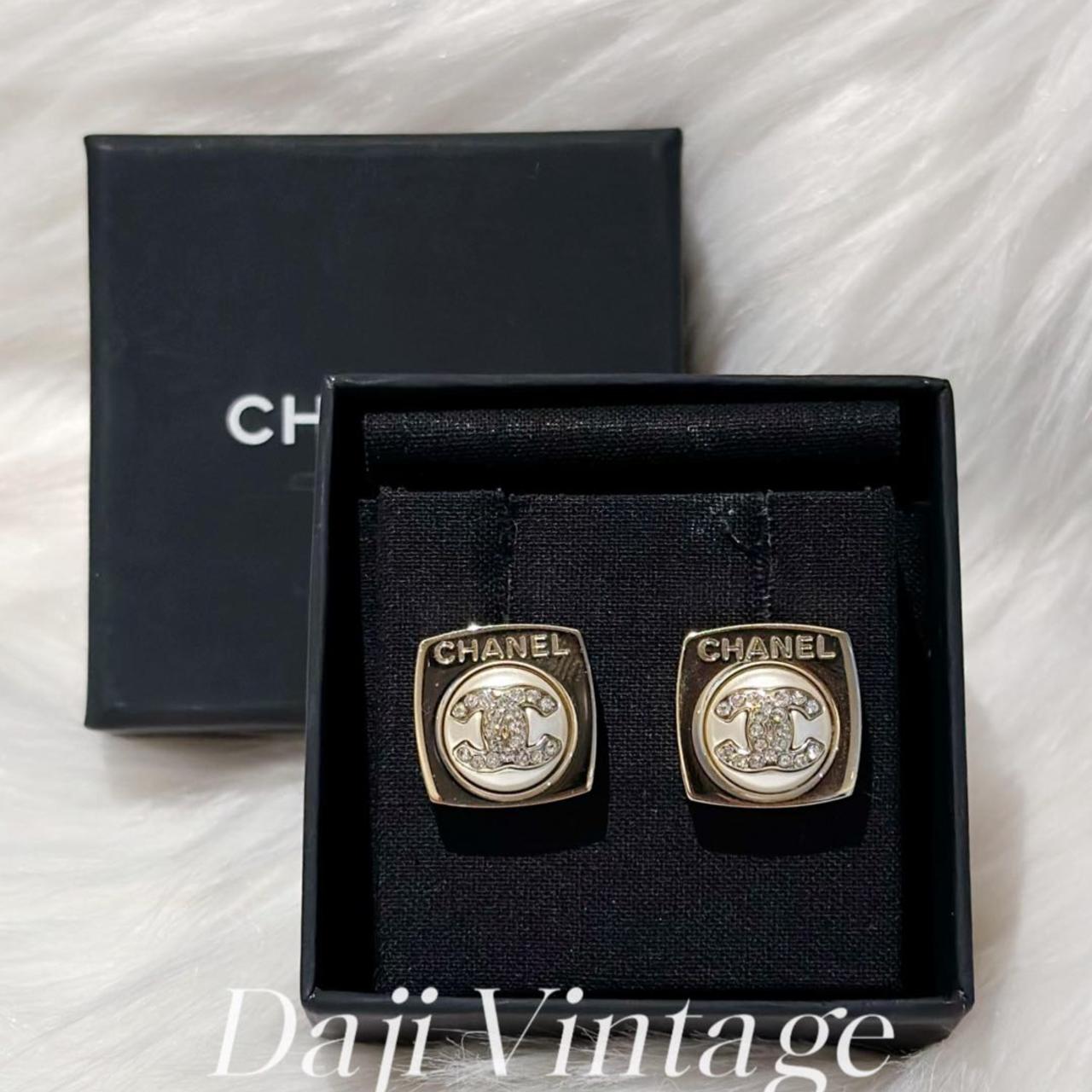 99新 Chanel/香奈儿 大吉中古/双C带钻方形金色耳钉