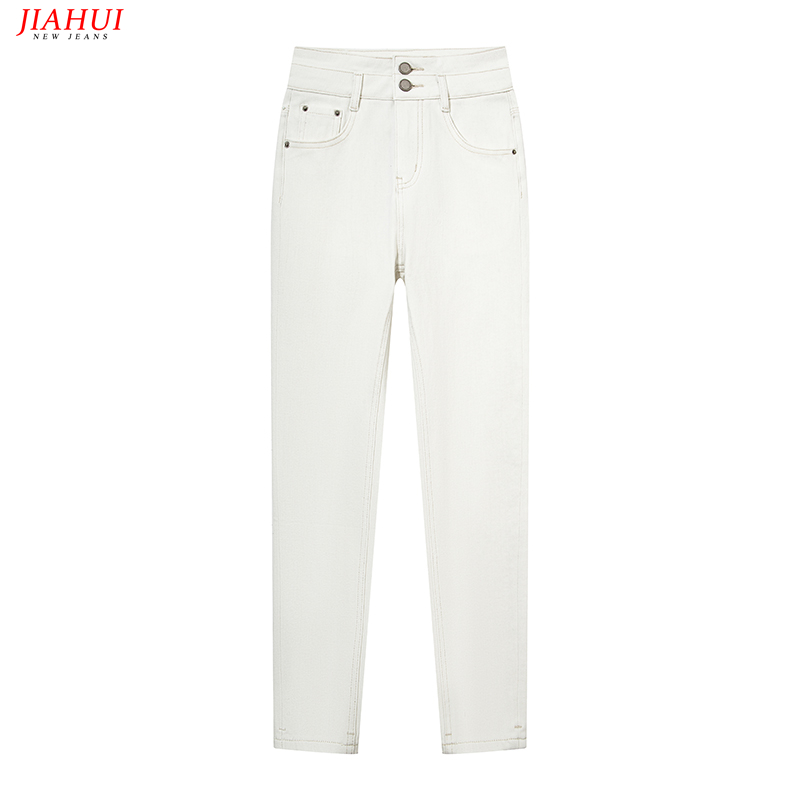 双扣牛仔裤女白色九分小脚紧身四面弹2025新款时尚修身显瘦铅笔裤