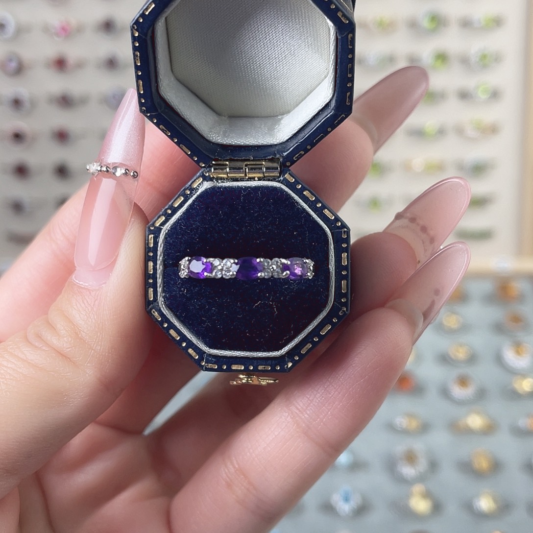 紫晶戒指银S925镶嵌排戒