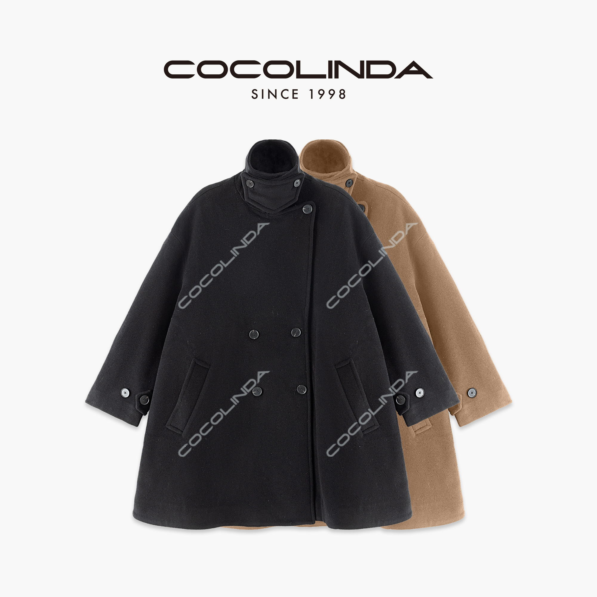 COCOLINDA  |  (长款)绵羊毛山羊绒英伦风双排扣防风领大衣C3054