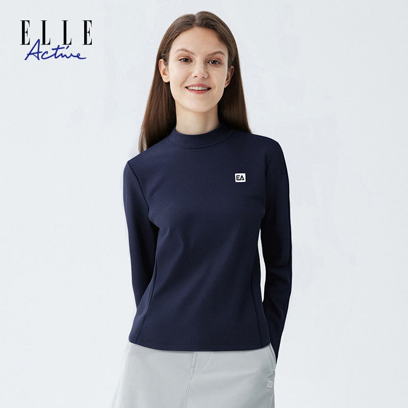 ELLE Active【竖条肌理】半高领长袖t恤女装运动简约百搭套头打底衫