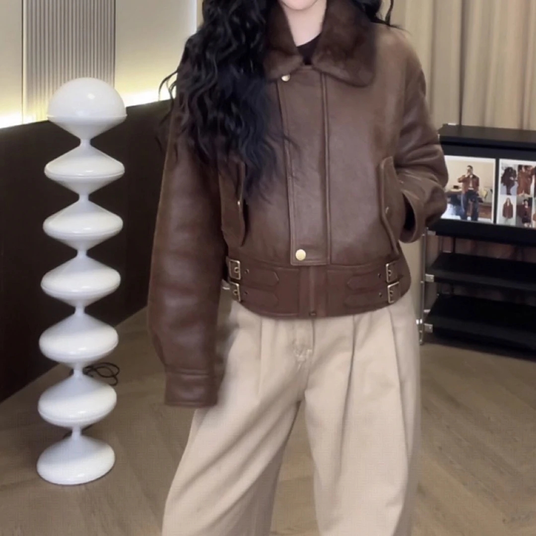 海宁冬季新款网红同款水貂毛领真皮绵羊皮皮毛一体美利奴皮草外套