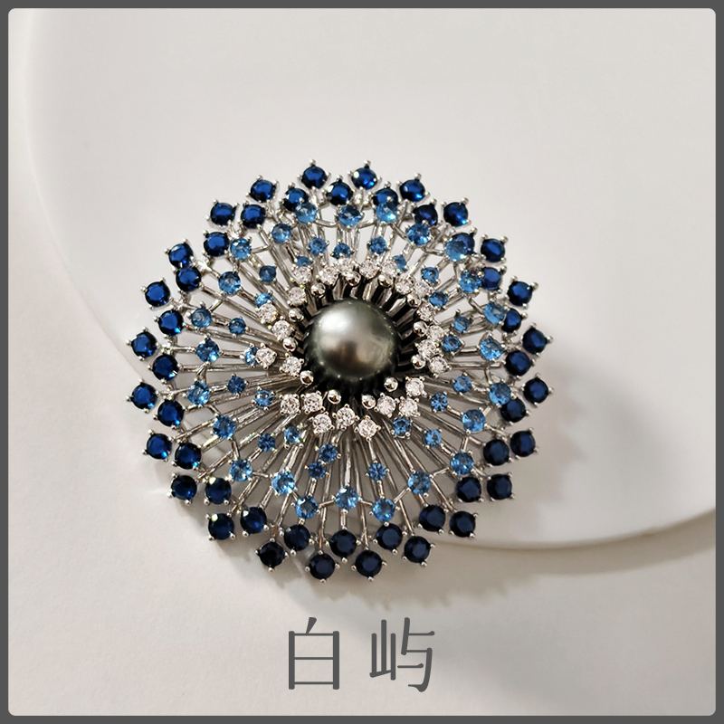 X05天然海水大溪地珍珠渐变蓝色烟花胸针9-10mm