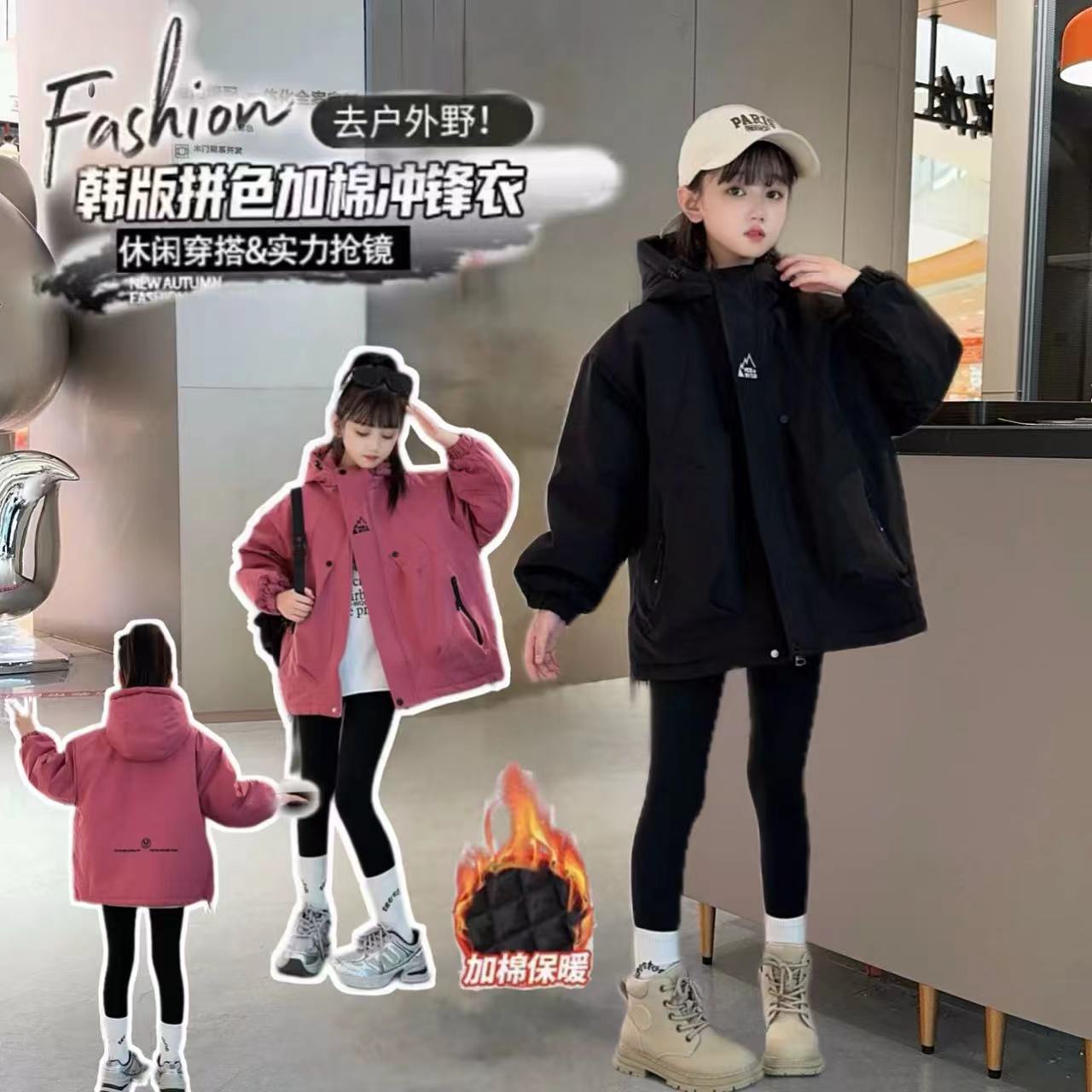 女童冲锋衣棉衣2024冬季新款儿童休闲连帽夹棉加厚三防保暖外套潮